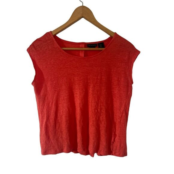 Tahari Orange 100% Linen Cap Sleeve Button Back T-shirt - Picture 1 of 7